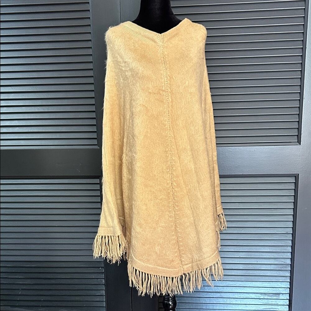 Fall Closet Staple, Fringed Neutral Tan Mohair Poncho, O/S
